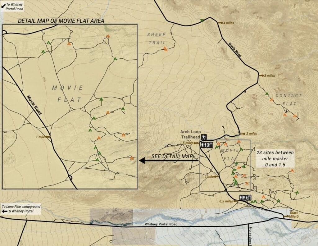 Map of campgrounds in Alabama Hills camping with legends for the different campsites.