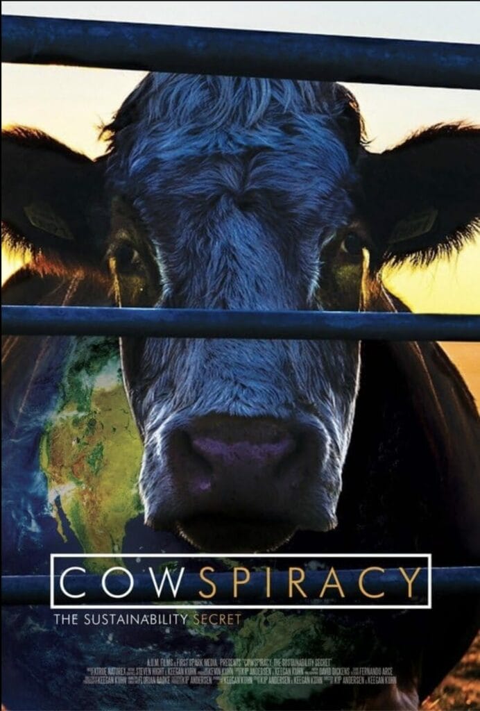 Poster for the must-watch vegan documentary, Cowspiracy with a cow behind metal bars and overlay text, Cowspiracy - The Sustainability Secret.