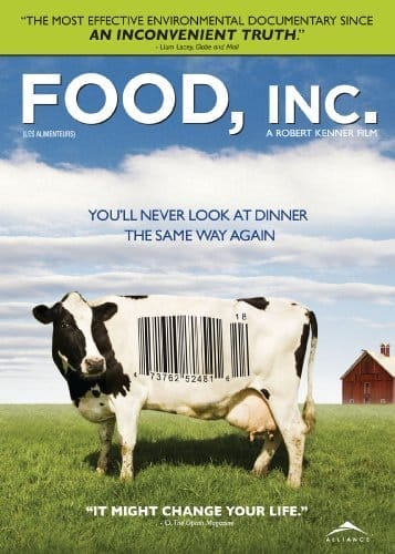 Poster for the documentary Food, Inc showing a cow with bar code across his body with overlay text "you'll never look at dinner the same way again."