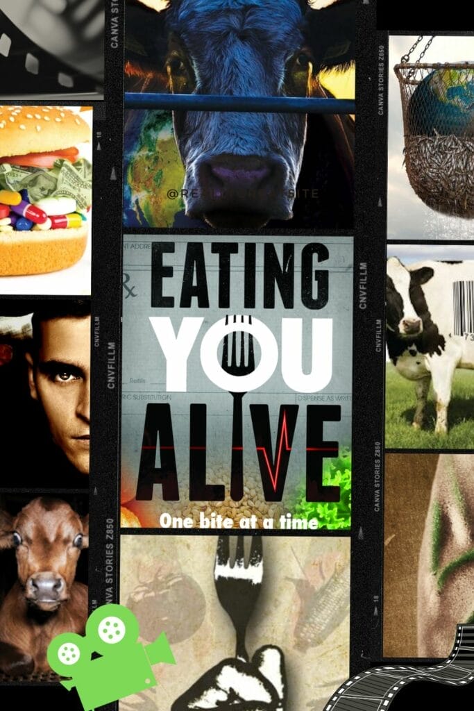 Collage of different vegan documentary's posters highlighting different aspects of why people go vegan.