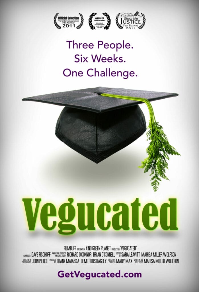 Poster for the vegan documentary Vegucated with overlay text, Three People. Six Weeks. One Challenge."