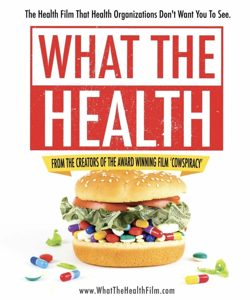 Vegan documentary, What the Health's poster with the title and a burger filled with money and medicine.