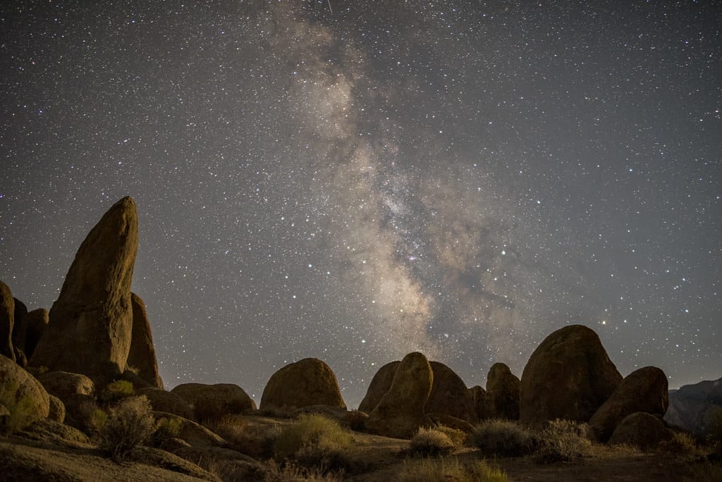 Milky Way is captured in this photo among the rock formations on the forefront in Alabama Hills.