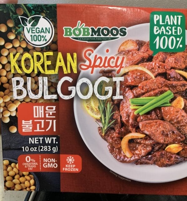 Bobmoos Korean Bulgogi, 100% plant based packaging showing the dish on a plate.