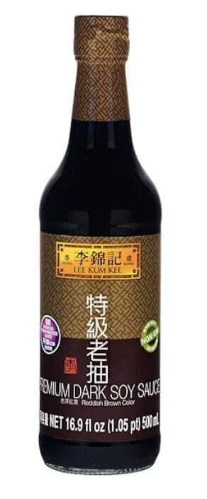 A bottle of dark soy sauce is a less saltier but darker in color than regular fermented soy sauce.