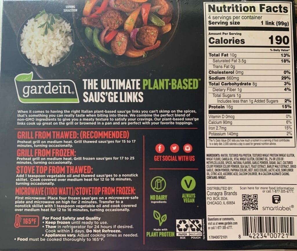 Gardein spicy Italian sausages packaging with nutritional facts and ingredient list. Great plant-based sausages to try!