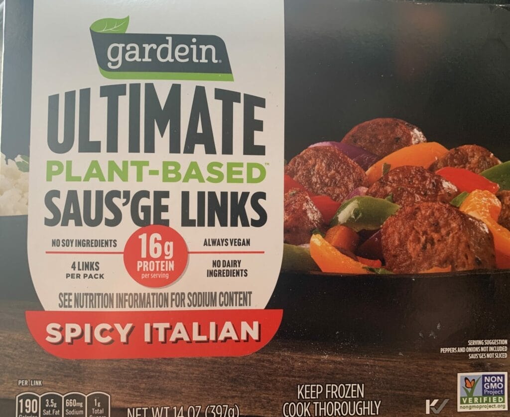 Gardein Ultimate Plant-Based Saus'ge Links Spicy Italian boxed package.