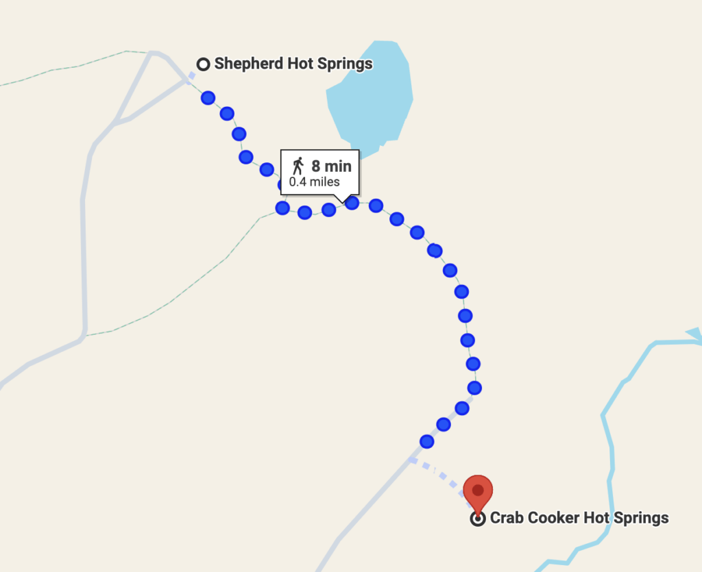 Map showing the walking path from Shepherd Hot Springs Mammoth to Crab Cooker Hot Springs in California.