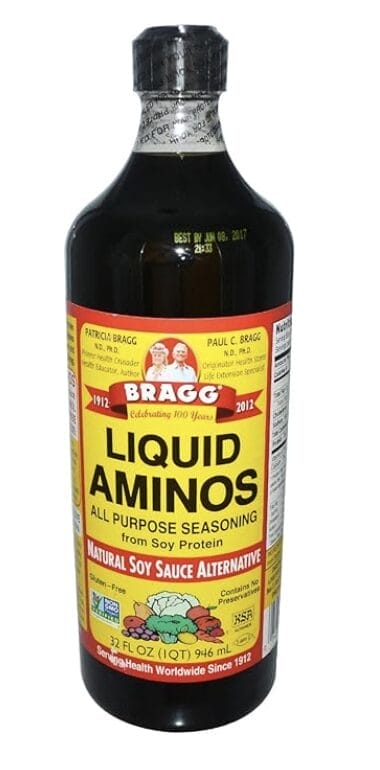 Picture of a bottle of liquid aminos, an alternative to fermented soy sauce.
