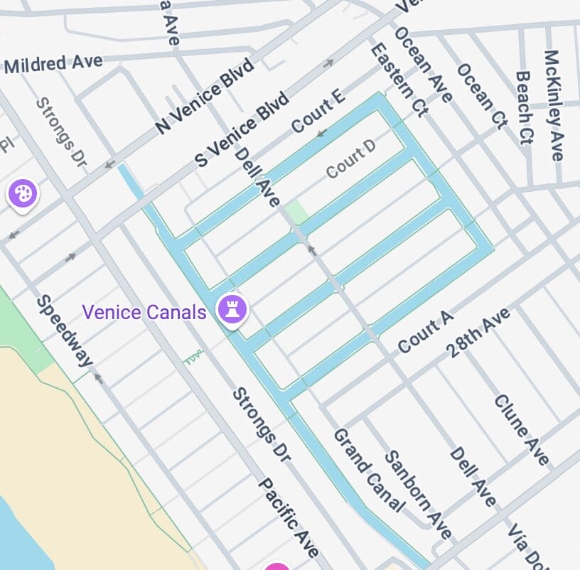 Map of Venice Beach Canals and surrounding area.