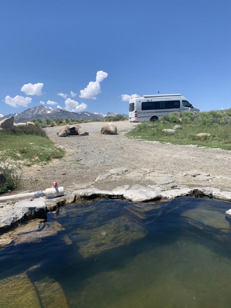 From the hot tub, just a few steps away is our van at a dispersed camping spot. Easy and convenient!