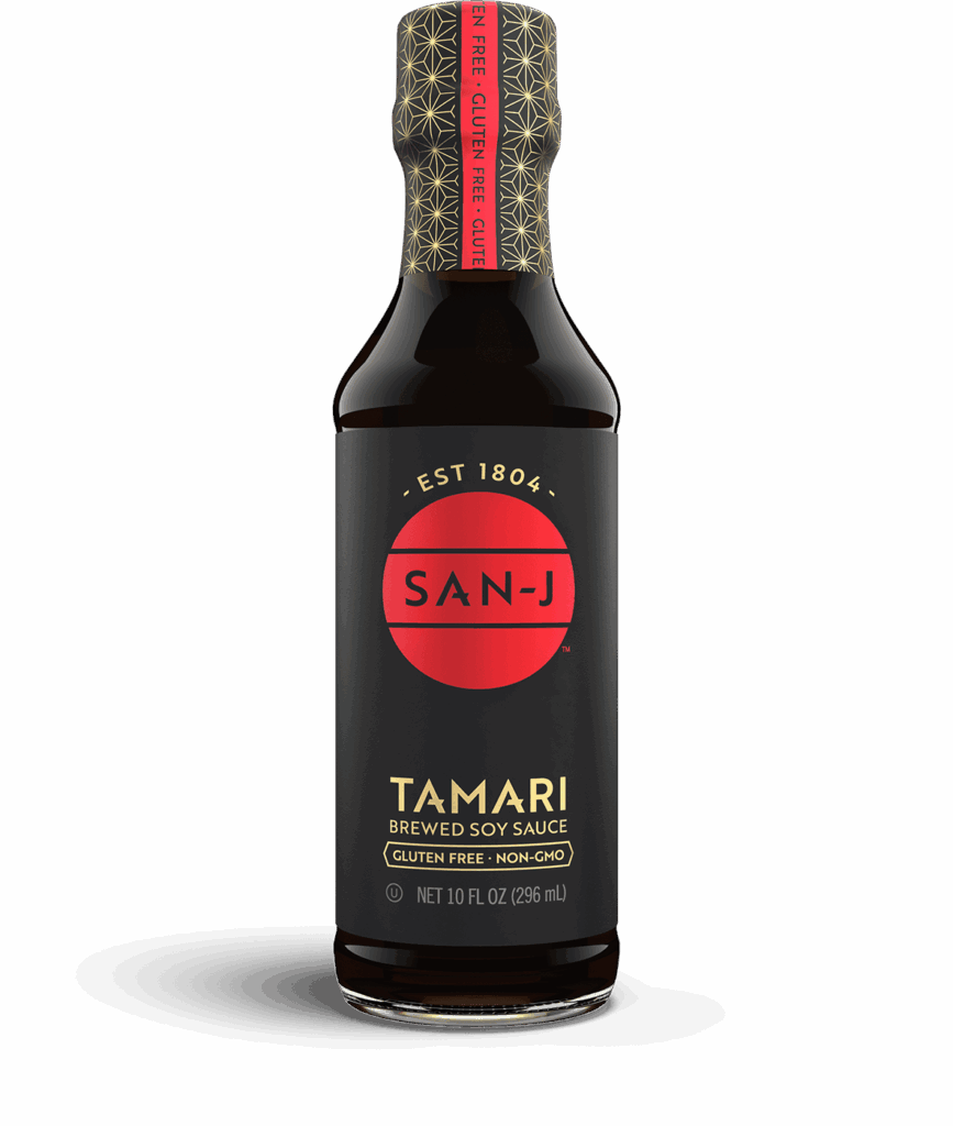 Bottle of Tamari, a gluten-free, less sodium alternative to fermented soy sauce.