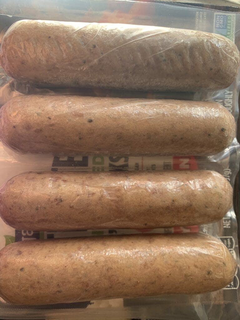 Vacuum sealed individual plant-based sausages-spicy Italian sausage from Gardein.