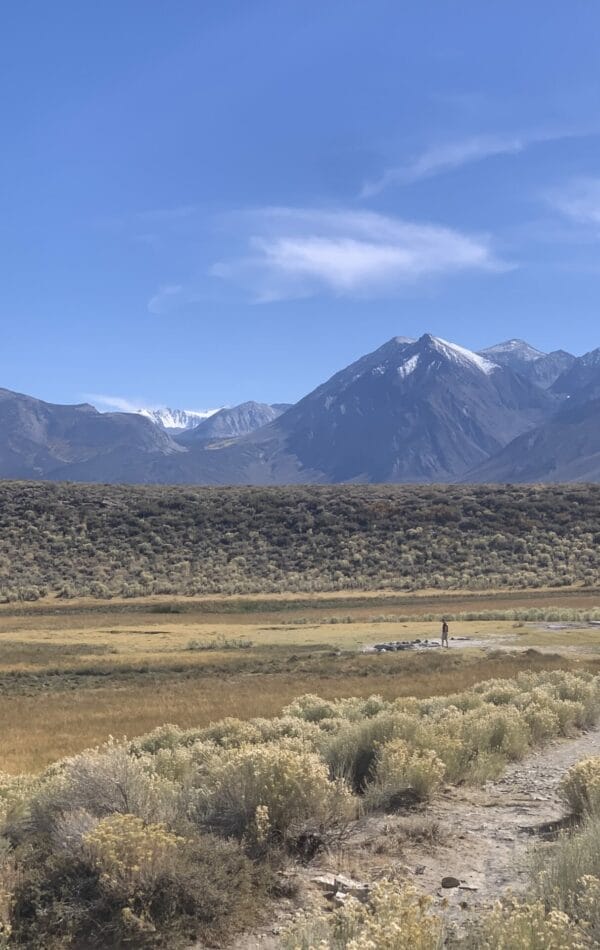 Theron is walking to Crab Cooker Hot Springs on the path with snow capped mountains of the Eastern Sierras in the background.