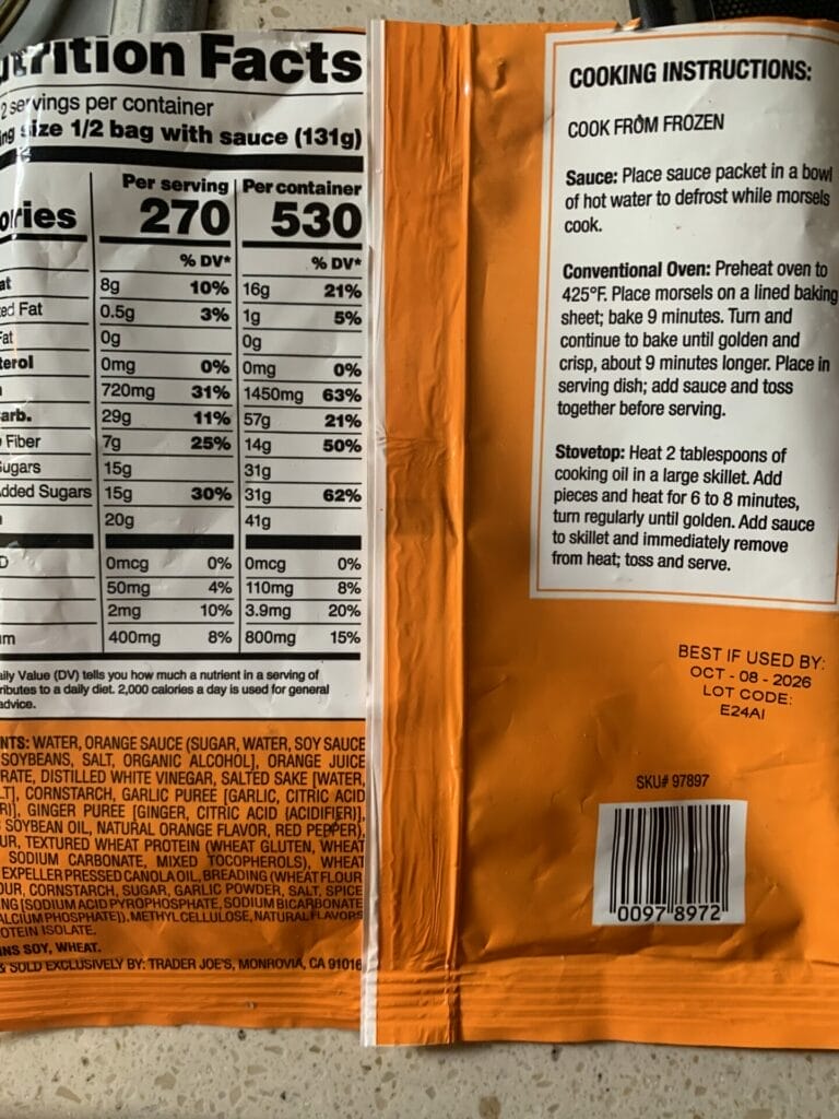 Back Package of Trader Joe's Chicken-less Mandarin Orange Morsals with nutrition content and cooking directions.