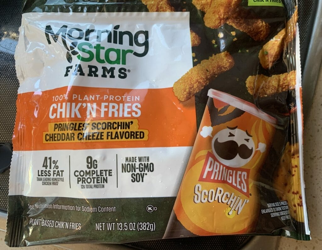 Front packaging of MorningStar Farms Pringle inspired Chik'n Fries.