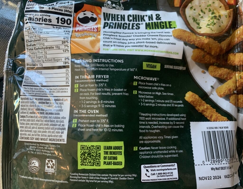 Back packaging of MorningStar Farms Chik'n Fingers.