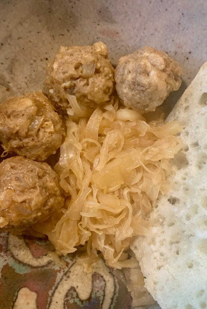 Vegan German Meatball and Sauerkraut served with bread!