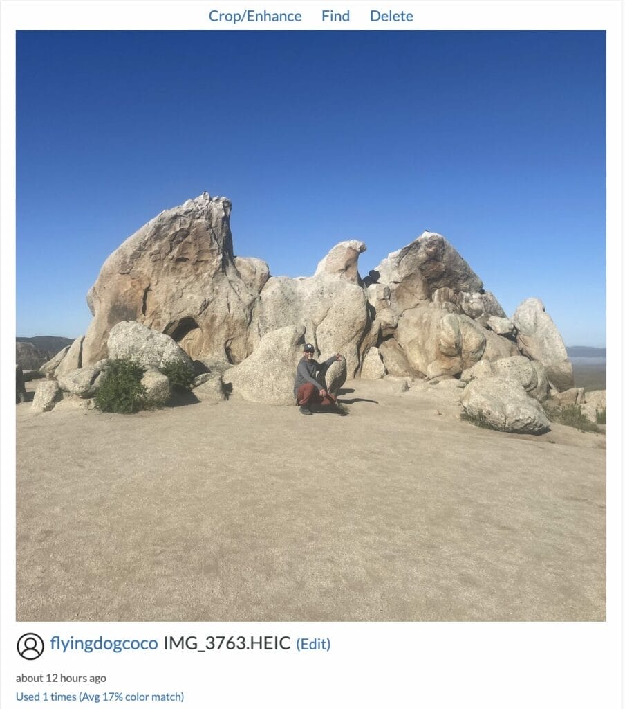 Picture of Theron Hayes at Eagle Rock on the Pacific Crest Trail. Screenshot of Mosaically.com shows the options to adjust for this photo/tile of the mosaic.