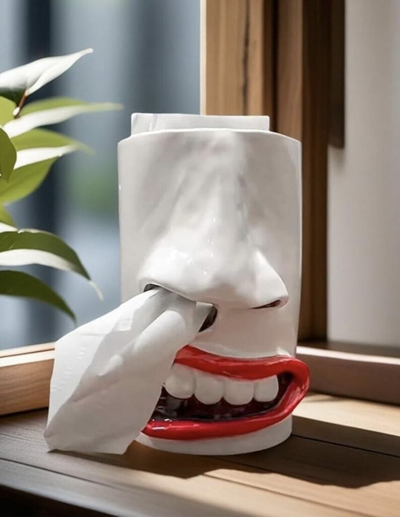 Funny face tissue holder is so quirky and fun!