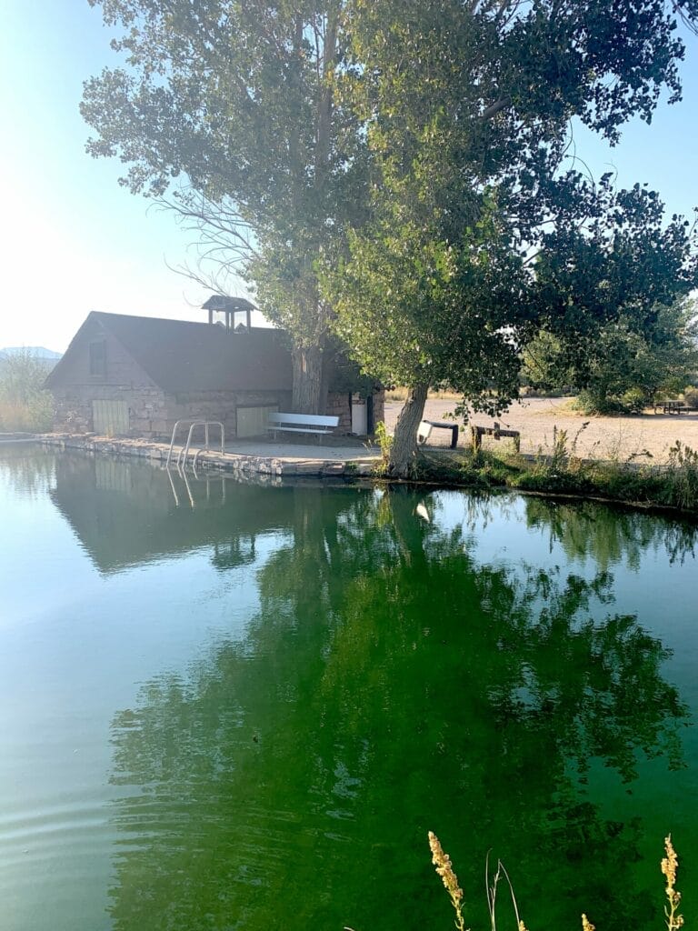 Hot springs pool with shower room next to it at Virgin Valley Campground in Nevada.