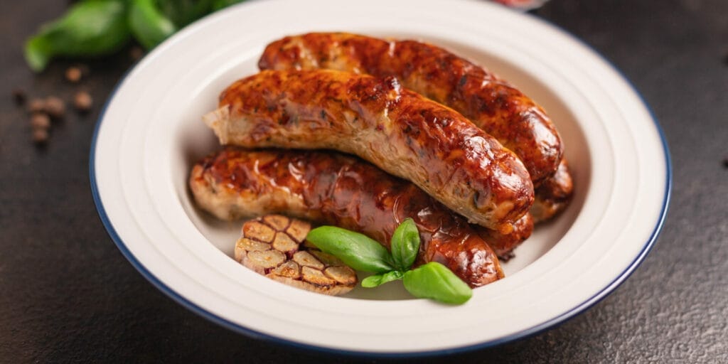 Seitan sausages are made with plant-based protein, seitan. It's full of protein and has the texture of real meat.