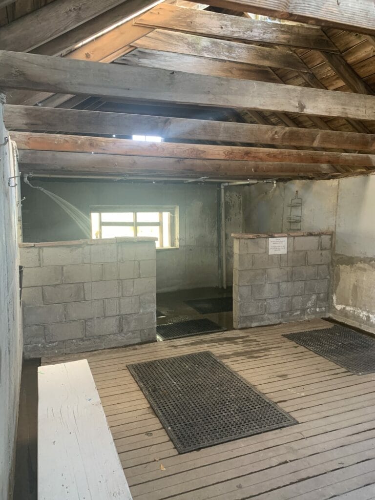 Rustic clean shower room with hot spring water flowing continuously.