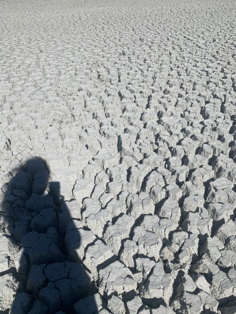 Dry lake bed with Lillian's shadow on it as she takes the photo while searching for secret hot springs in Mammoth Lakes.