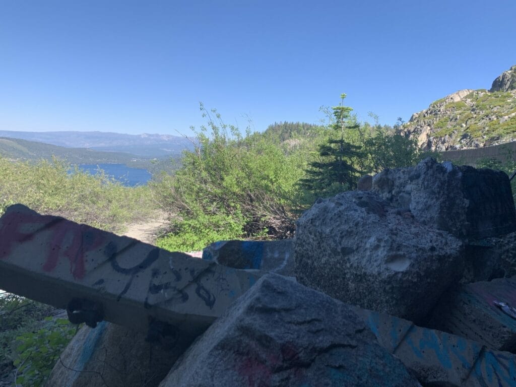 This is the area where Donner Party would of tried to cross. View is from China Wall looking at Donner lake.