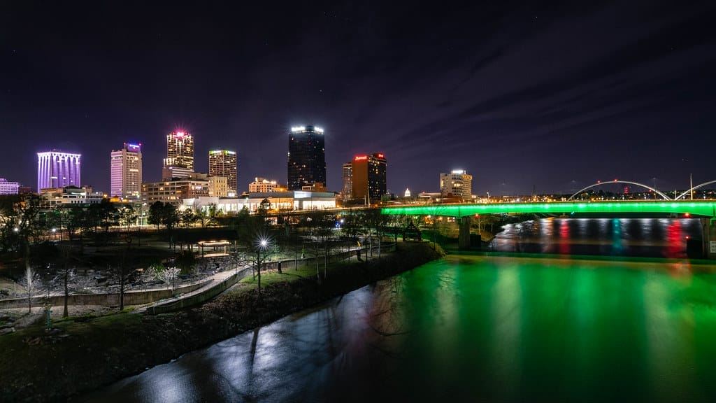 Little Rock, AR is a charming, yet metropolitan city. Showing is a night scene of the sky scrapers along the Arkansas River.