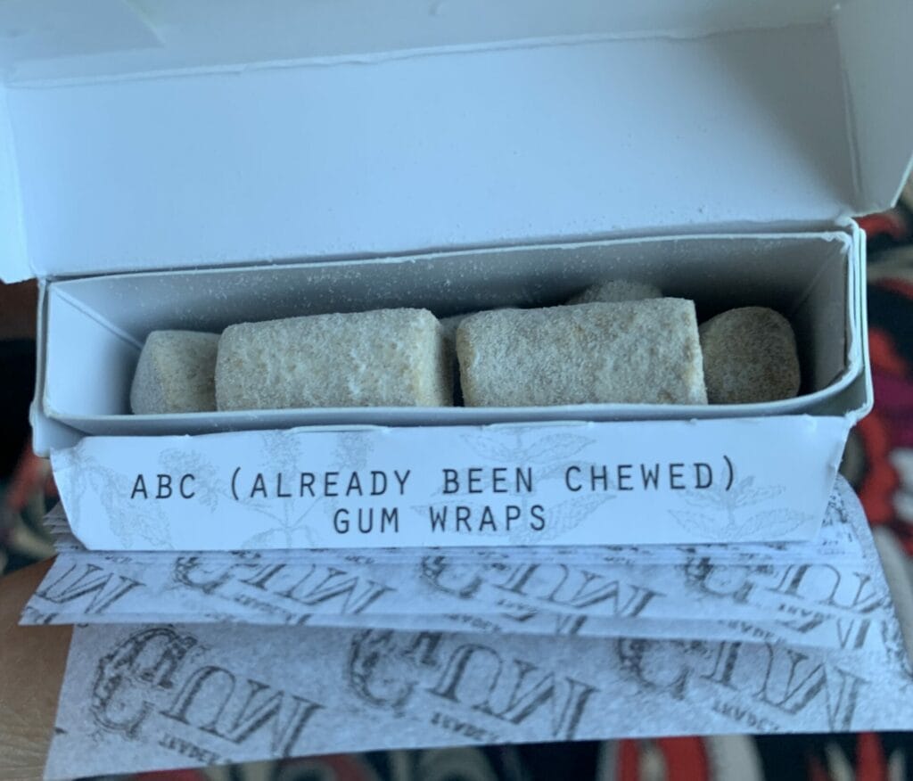 Unique packing of Trader Joe's gum with ABC wrappers.