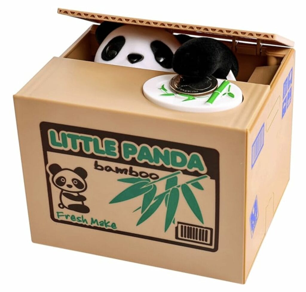 Panda piggy bank! Panda sneaks up from the box and slides the coin back in!