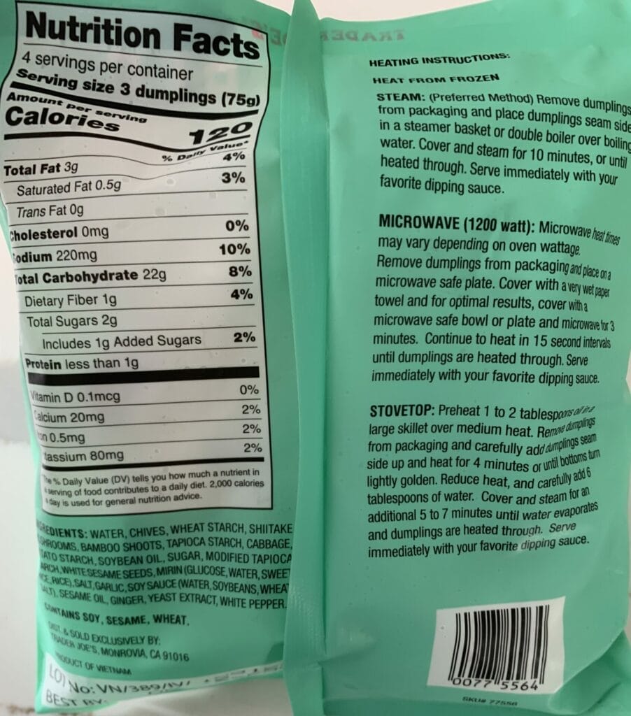 Back packaging of Trader Joe's Vegetable Dumplings, dim sum style.