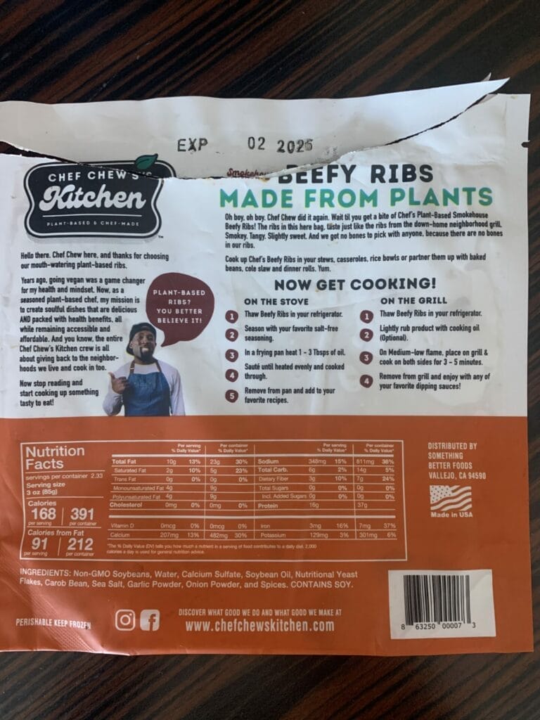 Back package of Chef Chew's Kitchen Beefy Ribs. Made from plants and delicious!