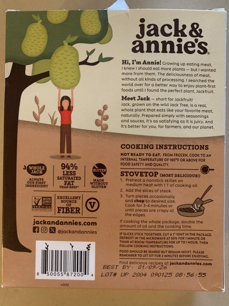 Back package of Jack & Annie's vegan sliced meat. What a healthy and delicious vegan meat substitute!