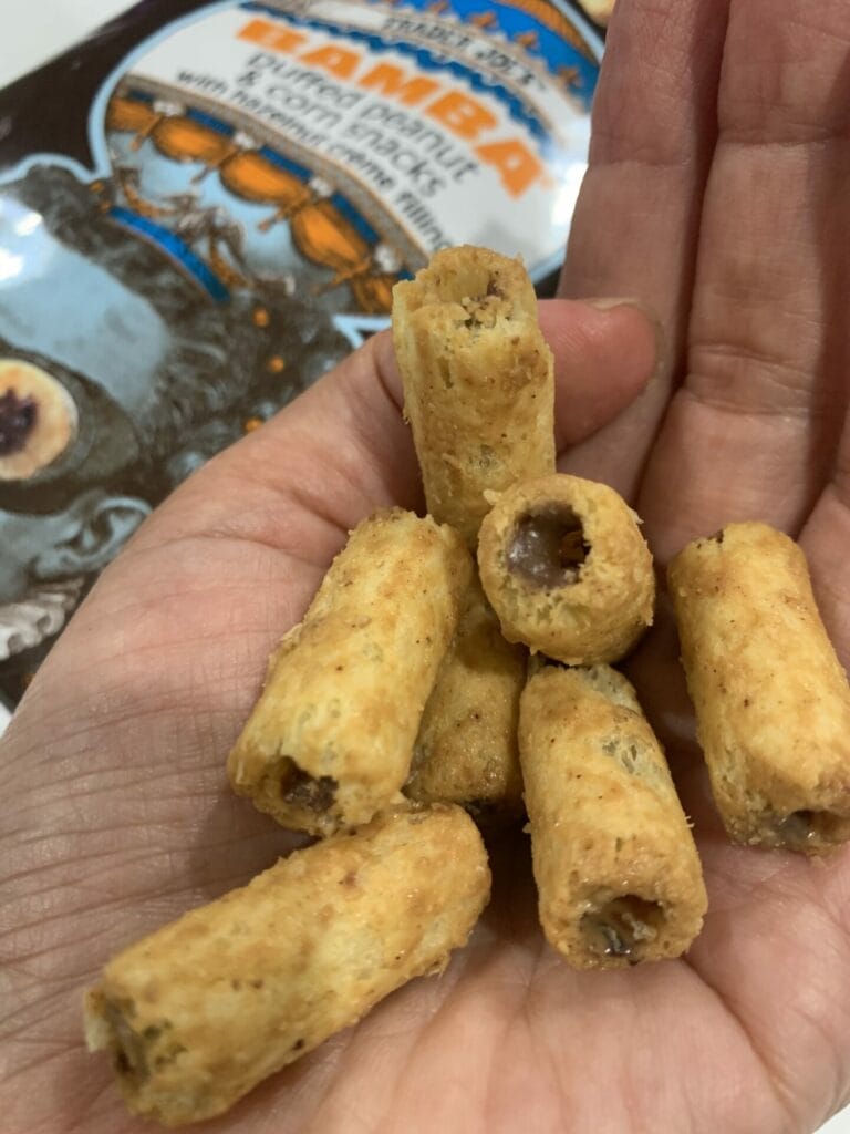 The delicious Bamba peanut puff and hazelnut cream snack in hand. They are addictive!